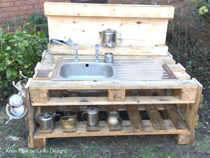 We plan to reuse the sink and tap from our current kitchen for the mud kitchen. Something like this would work well, we just have to figure out how to hook it up to water.